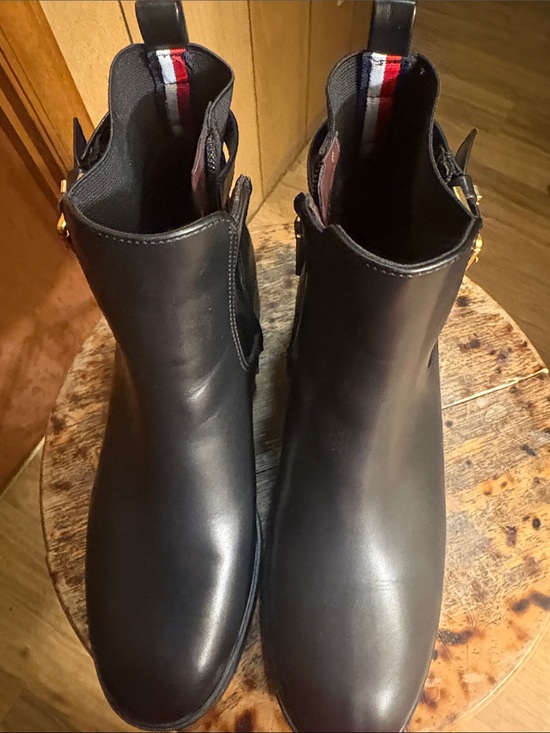 Tommy Hilfiger Shoes - Tommy Hilfiger Black Leather Ankle Booties with Signature Stripe Pull Tab